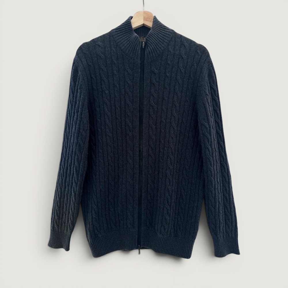 Loro Piana Men's Sweater L Baby Cashmere Cable Knit Full Zip Navy Blue 54 Italy